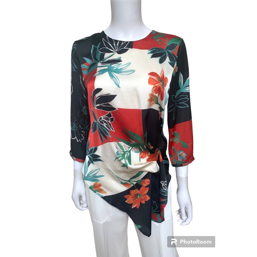 Zara Silk Effect Asymmetrical Hem Floral Print Blouse, Size S